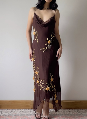 Vintage A Line Spaghetti Straps Beaded 3D Floral Chiffon Party Dress Outfits HZ1023